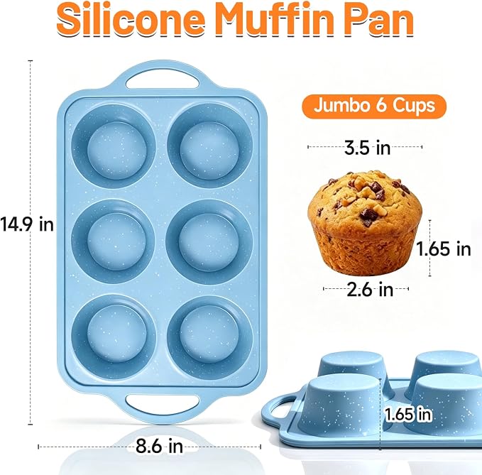 Jumbo Muffin Pan, Metal Reinforced Frame 3.5inch Jumbo Silicone Muffin Pan | 2 Pack, with Handle, BPA Free, Nonstick, Oven Dishwasher Safe, Food-Grade Silicone, Heat-resistant: -104°F to 446°F, 6-Cup