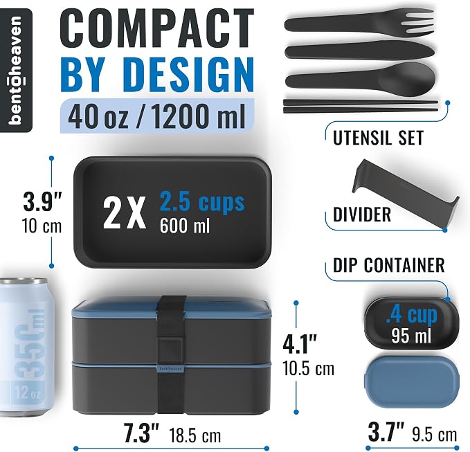 Bentoheaven Bento Box Adult, Stackable Lunch Box, 40 oz, Steel My Heart | BPA-free, leakproof and microwave-safe with 2 compartments, utensils, chopsticks, divider and sauce cup for men and women.