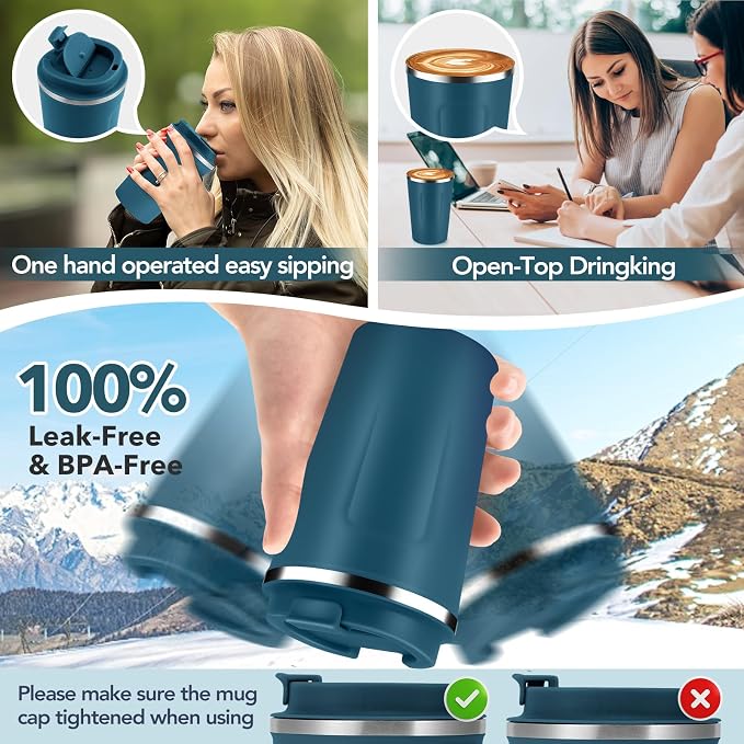 Volhoply 12 oz Double Wall Insulated Vacuum Travel Coffee Mugs with Flip Lid Bulk 2 Pack,Reusable Stainless Steel Leak Proof Coffee Cup,Portable Cafe Thermal Tumbler for Hot & Cold Drinks(Bule,2 Set)