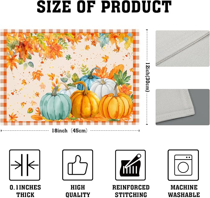 Fall Thanksgiving Placemats Set of 6 18x12 Inch Autumn Pumpkins Maple Leaves Linen Place Mats Heat-Resistant Washable Wipeable Orange Plaid Table Mat for Party Kitchen Dining Room Dinner Table Decor