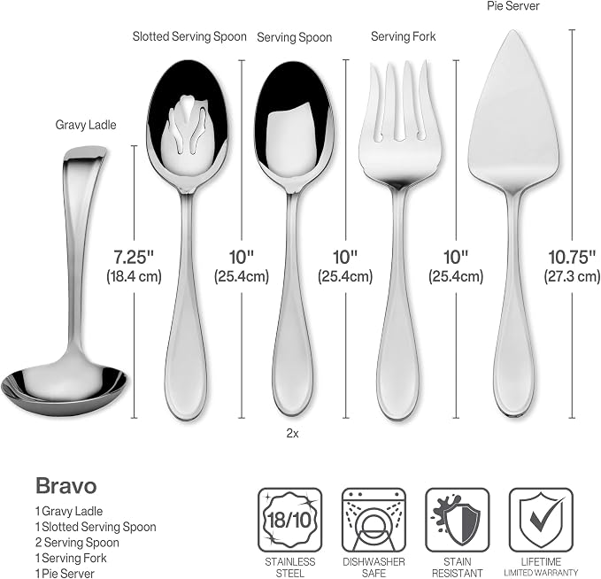 Mikasa Bravo 18/10 Stainless Steel 6-Piece Serving Set - Serving Spoons, Fork, Pie Server, Gravy Ladle - Polished Silverware Flatware Serveware