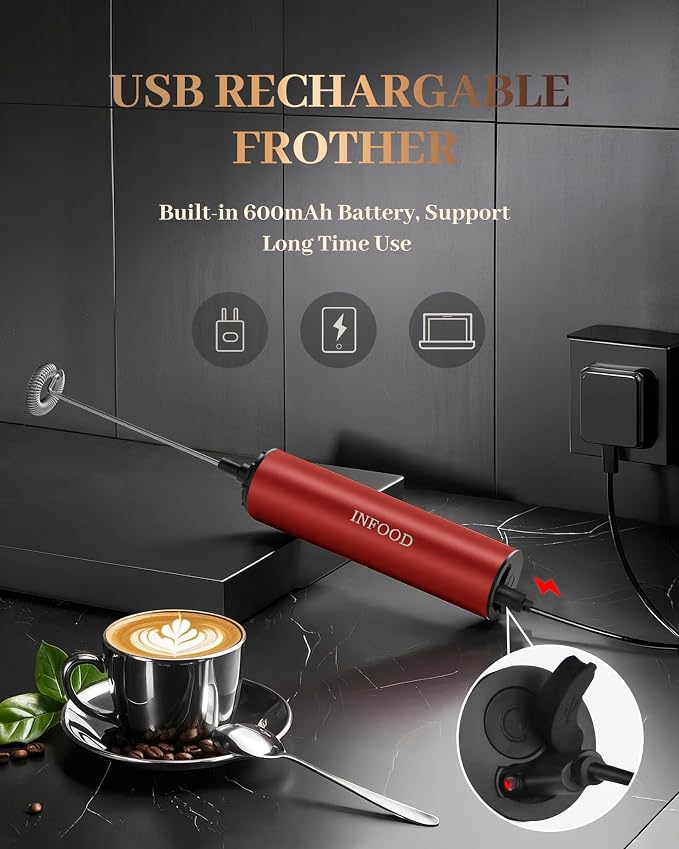INFOOD Rechargeable Milk Frother with Cover, 2-Speed, 2 Whisks, Red | Stainless Steel Body and Whisks, 2 Detachable Heads, for Lattes, Cappuccinos, Hot Chocolate, and Egg