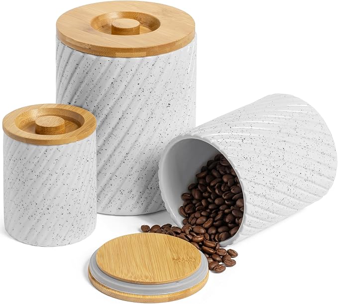 Flour Sugar Storage Containers - Ceramic Canister Set of 3 with Airtight Bamboo Lids for Kitchen Counter - 80, 40 & 20 oz, White