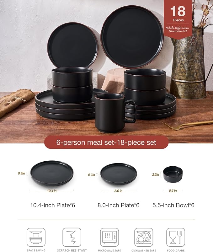 Famiware Nebula Ridge 18-Piece Stoneware Dinnerware Set, Matte Black | Plates and Bowls for 6, Warm Hand-Painted Rims, Microwave and Dishwasher Safe, Daily Essentials