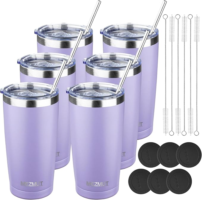 MEZMUT 20oz Insulated Tumbler Cup Travel Coffee Mug with Lid(Purple,6 Pack) | Stainless Steel Double Wall Vacuum Spill Proof Metal Tumbler Bulk with Lid and Straw, Hot or Iced Coffee Cup for Man Women