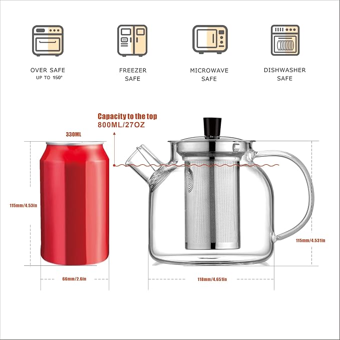 Glass Teapot with Removable Infuser,Ehugos 800ml (27OZ) Stovetop Safe Small Tea Pot, Blooming and Loose Leaf Hand Crafted Kettle for Women and Adult with Stainless Infuser