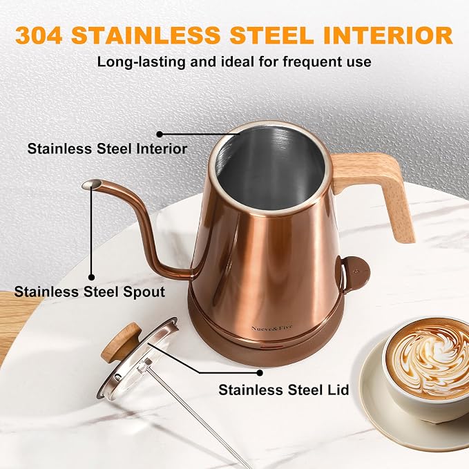 Nueve&Five Electric Gooseneck Kettle with Thermometer, 1.0L Pour Over Hot Water Kettle for Coffee and Tea, 1000W, Auto Shutoff, Boil-Dry Protection,Copper