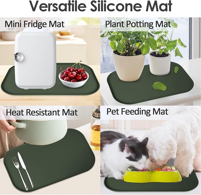Silicone Coffee Maker Mat with Lip for Countertops 17.4''x10.6'' Dark Green | Multi leak-proof coffee tray for countertop, non-slip silicone mat fits most coffee makers & espresso machines, wipe-clean