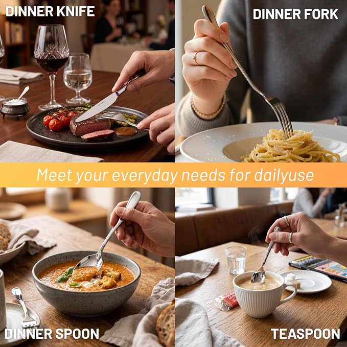 VIVANI 20-Piece Silverware Set for 4, 18/0 Stainless Steel Flatware Set | Dishwasher safe cutlery, ergonomic handle, mirror polished, rust resistant for everyday use, small household, family dinner