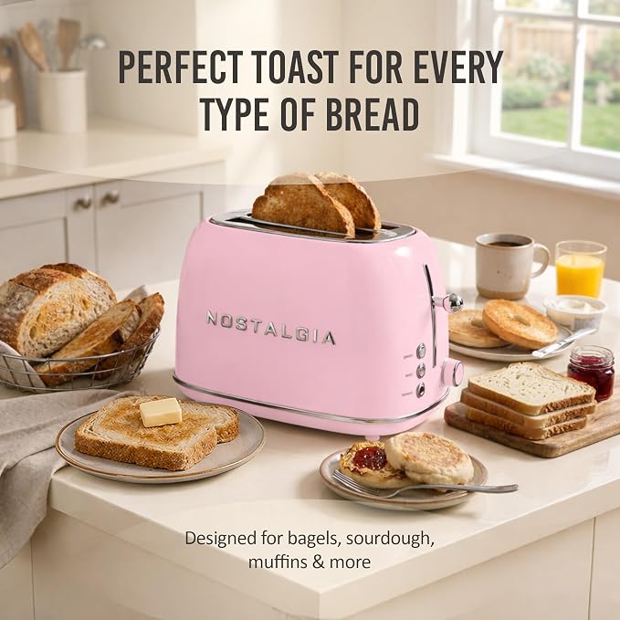 Nostalgia Classic Retro 2-Slice Toaster- Vintage Design- Enamel Coated Steel Body- Wide Slots for all Breads- Crumb Tray, Cord Storage- Defrost,Cancel and Bagel Function & 6 Toasting Levels- Pink