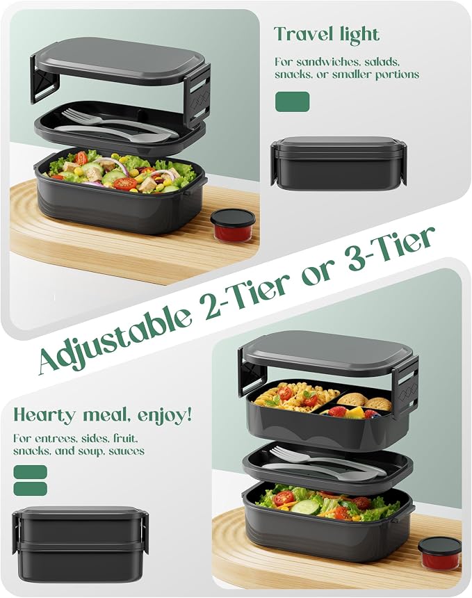 Bento Lunch Box, 65 oz 3-Tier Stackable Lunch Container, Adjustable 2/3 Tier Design, BPA-Free Food-Grade Plastic, Leakproof, Microwave & Dishwasher Safe, Black