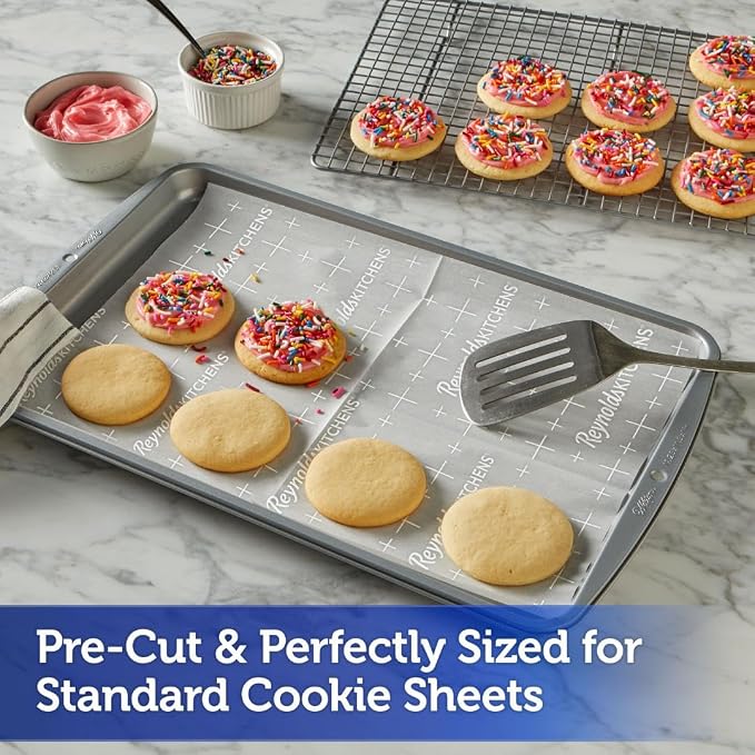 Reynolds Kitchens Pre-Cut Parchment Paper Cookie Baking Sheets, 22ct | 12 x 16 in, Fits Standard Size Cookie Sheets, Nonstick, Reusable Up To 3X, SmartGrid Lines, Oven Safe To 425F, Easy Cleanup