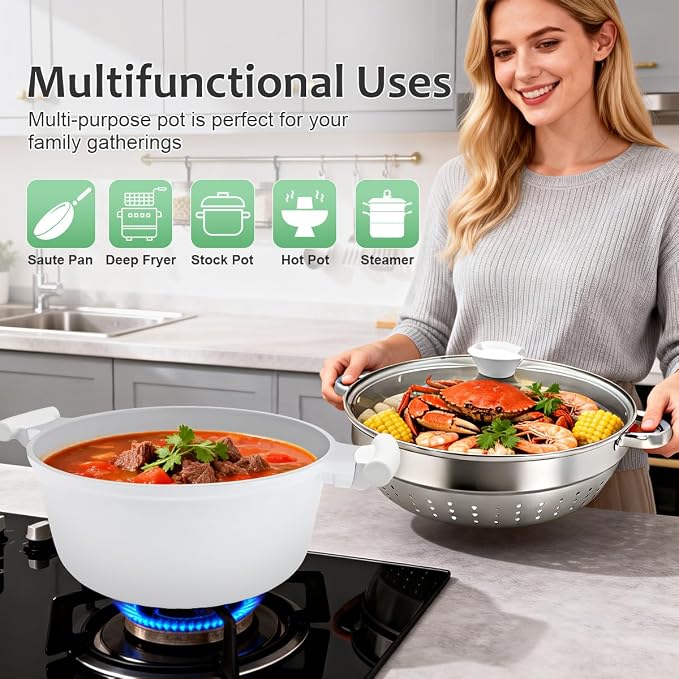 AIKENBBKK 7-Quart Steamer Pot for Cooking, Ceramic Nonstick Stock Pot with Lid, Pasta Pot for All Stoves Including Induction, Lightweight & Durable, Stay-Cool Handle, White