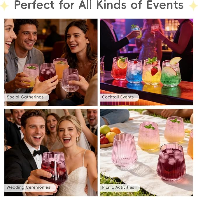 N9R 24PCS Pink Plastic Wine Glasses Disposable, 14 oz Cocktail & Spritz | Pink Clear Stemless Champagne/Whiskey/Drinking Cups, Fancy Origami Ripple, for Parties, Weddings, Pool and Bar