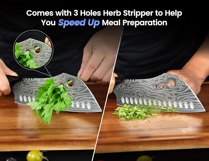 Cleaver Chef Knife with Herb Stripper, 7" Asian Kitchen Knife | 3-in-1 Combined with Chef's Knife, Santoku, Nakiri for Slicing, Chopping, Dicing, Mincing, Housewarming Birthday Cooking Gift