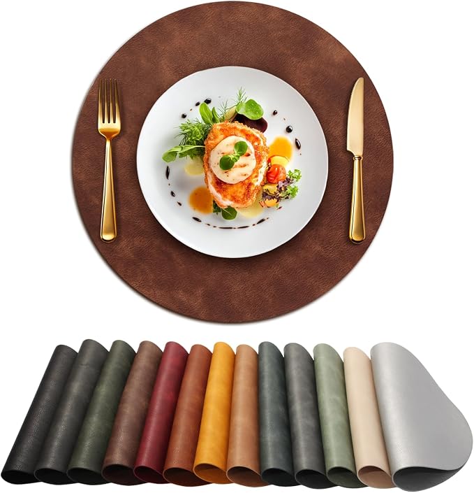 UnivoColors Placemats Round Faux Leather Placemats Set of 6-Waterproof-Wipe Clean-Heat Resistant-Anti Slip Dining Table Place Mats,Suitable for Indoor & Outdoor Use,15".Retro Coffee Brown