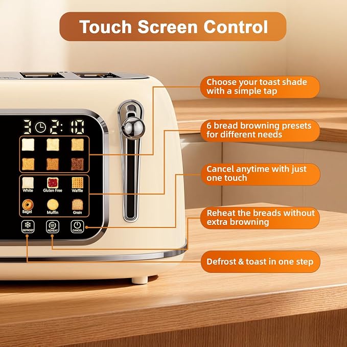 Mecity Toaster 4 Slice, Touch Screen Wide Slot Retro Toaster For Breads Bagel Muffin Waffle, House Warming Gift New Home, 120V 1650W, Cream Color