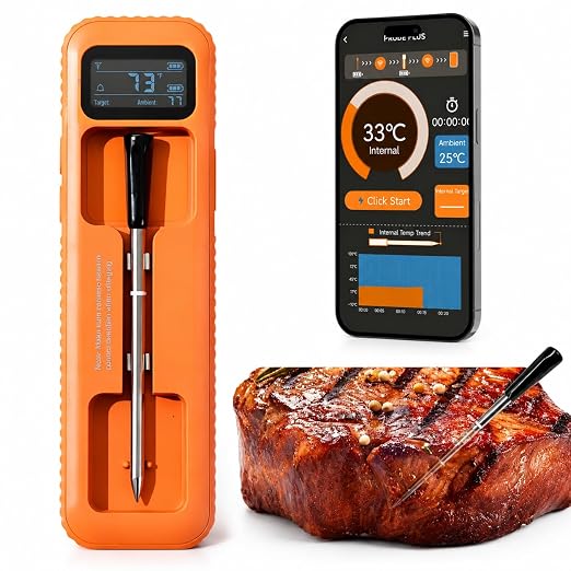 Bluetooth Meat Thermometer Wireless for Grill BBQ Oven, Upgraded Probe | 130FT Stable signal | ±1°F Accurate Digital | Wifi App Control | IP67 Waterproof | Rechargeable | For Steak Chicken Turkey