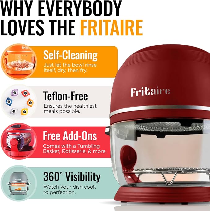 Non Toxic Air Fryer™ Pro | 9-in-1 Glass Air Fryer | Self-Cleaning | 5 Quart | Rotisserie and Tumbler | 400F Vortex For Even Cooking, BPA-Free Teflon Free, Recrisp, Roast, Bake, Cherry