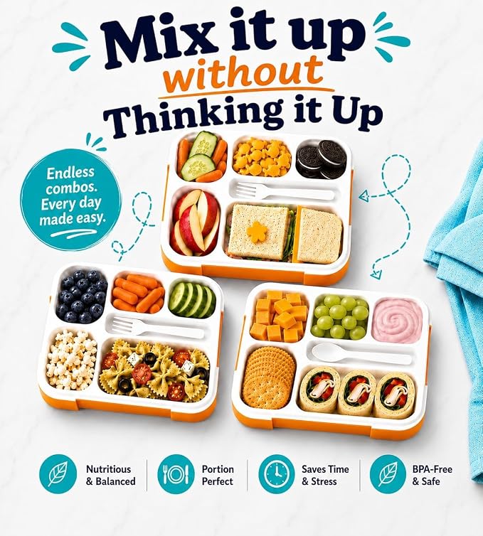 Bento Lunch-Box Set for Kids includes Snack Container | 6 and 3 Divided Compartment Boxes School Bentos or Meal Portion Control Containers BPA Free, Boys Girls Adults, Orange Large + MINI 2 pack