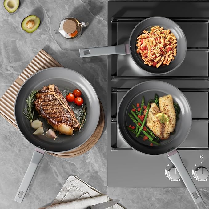 Sanho 8'' 10'' 12'' NonStick Frying Pan, Diamond-Titanium Ceramic Frying Pans Skillet, Non Stick Egg Pans with Stay Cool Handle for Induction, Dishwasher & Oven Safe, PTFE & PFOA Free, Non Toxic