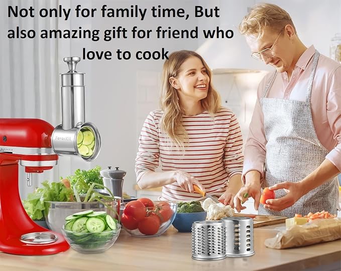 FavorKit Chesse Grater Slicer Shredder Attachment for Kitchenaid Mixers | 100% Stainless Steel Salad Maker Accessory, 60mm Large Feed Chute, EasyClean Dishwasher Safe,Save Time-2LB potato only 1min.