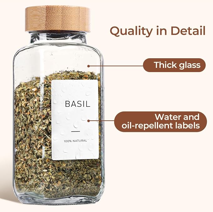 ComSaf Glass Spice Jars with with Labels 8 oz 6 Pack Bamboo Lids | Empty Containers, Seasoning Herb Powder, Salt Pepper Chili, Spice Rack Organization, Kitchen Cabinet Storage, Funnel Included