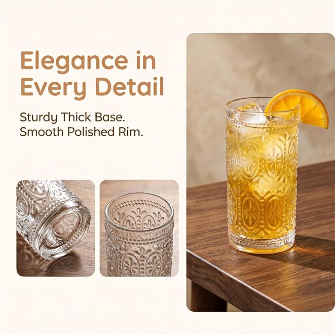 Bekith 6 Pack Romantic Drinking Glasses, 12 oz Highball Glasses, Thick Water Glasses, Tall Glass Cups for Beverages, Beer, Cocktail, Vintage Glassware Set for Dinner Parties, Bars, Restaurants