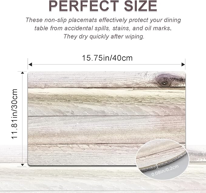 Farmhouse Placemats Set of 4 - Driftwood Faux Leather Heat Resistant Placemat for Dinner Table, Non-Slip Waterproof Oil-Proof Washable Reusable for Indoor Outdoor Kitchen Decor, 15.75In*11.81In
