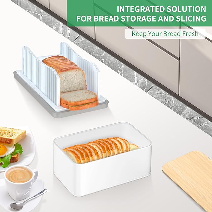 CAWIU Bread Slicer for Homemade with Box, Foldable Bread Slicing Guide | Compact Bread Cutter with Crumb Tray, Adjustable Width Bread Cutting Guide for Loafs, Sandwiches, Bagels, and Cakes