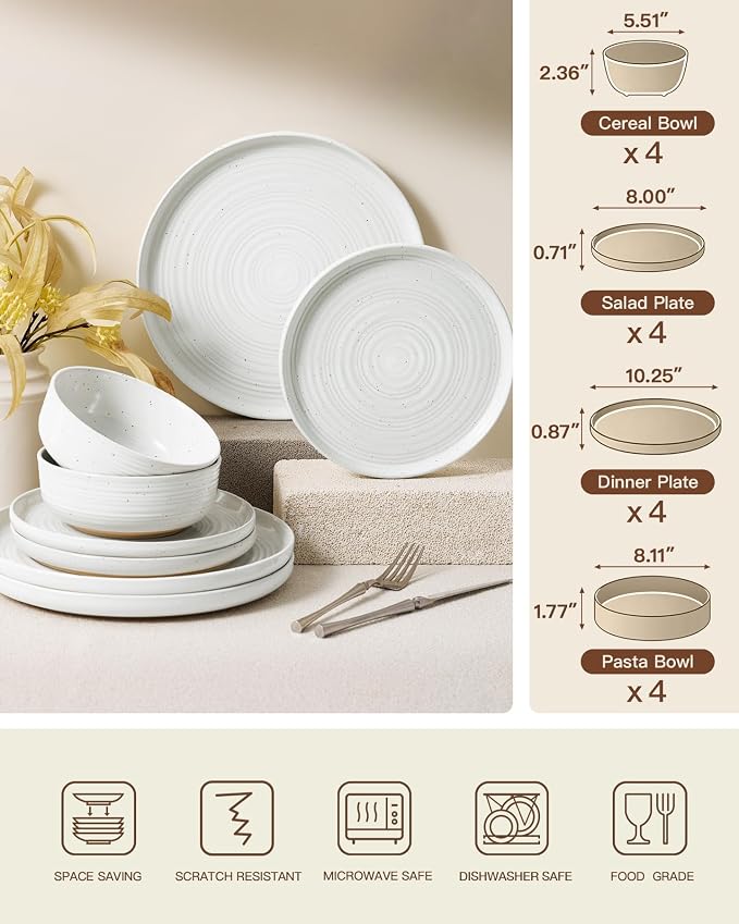 Stoneware Dinnerware Sets with Pasta Bowls, Service for 4 | 16-Piece Ceramic Plates and Bowls, Speckled Spiral Dishes, Chip & Scratch Resistant, Microwave & Dishwasher Safe, White Honey