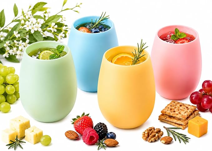 Silicone Wine Glasses Set of 4 Pastel Colors, 12 oz Break-Resistant, Flexible & Shatterproof Stemless Cups for Wine, Cocktails, or Outdoor Use Reusable Glassware