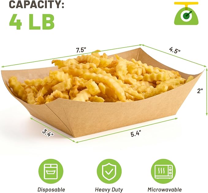 ZORRITA Large Paper Food Trays, 4 LB, 100 Pack | Disposable, Kraft Paper, Nacho Trays, Food Boats, Party Serving Basket, For Nachos Sandwiches Burgers Popcorns Salads Snacks