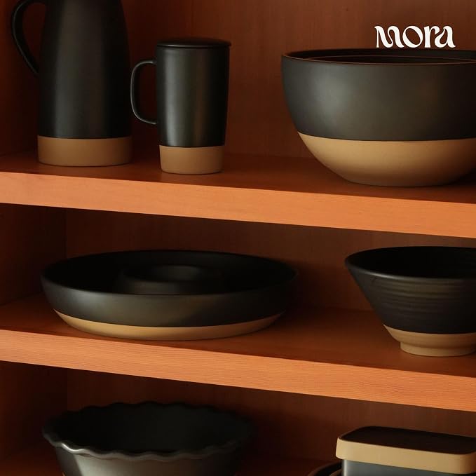 Mora Ceramic Chips and Dip Serving Tray: Large Divided Party Bowl Set for Chips & Salsa, Veggies & Dip, Fruit, Snacks, Entertaining, Hosting, etc. Minimalist Design for the Modern Hostess - Liquorice