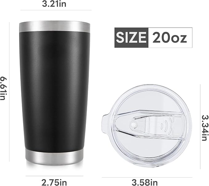 20 oz Tumbler with Lid Stainless Steel Insulated Tumblers Bulk Cups Mug | Double Wall Vacuum, Powder Coated, Keep Drinks Cold and Hot, Waterproof Lid, Fit of Car Cup Holders, Black, 8 Pack