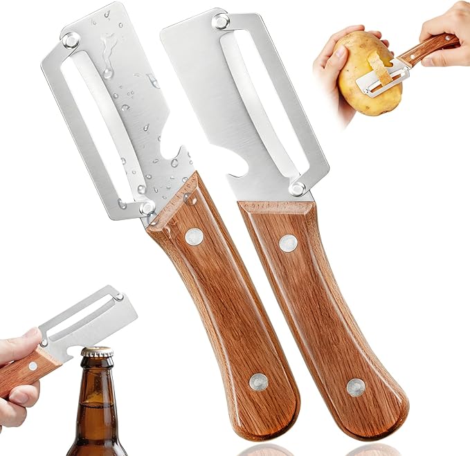 Left & Right Hand Vegetable Peeler Set with Bottle Opener, Thickened Stainless Steel Wide Blade for Smooth Peeling, Wooden Handle Kitchen Peeler for Fruits & Vegetables