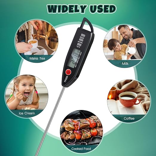 6 Set Digital Food Thermometer Long Probe Instant,Black | Waterproof for Water Liquid Candle, Instant Temperature Read for Kitchen BBQ Grill Candy Meat, Foldable Probe Thermometer