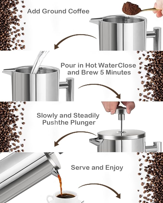 French Press Coffee Maker, Silver, 50 OZ (1.5 Litre) | 304 Stainless Steel Coffee Press with scale lines and 2 Extra Filters for Kitchen & Camping
