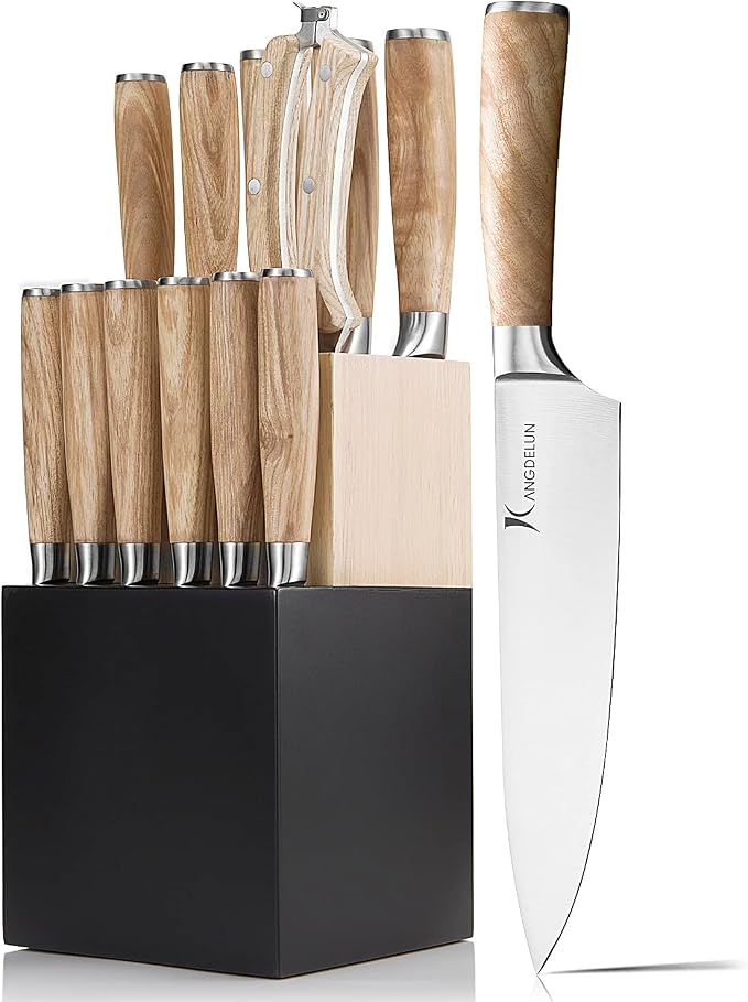 Kangdelun Ultra Sharp 14-Piece Kitchen Knife Set, High Carbon Stainless Steel Blades, Torrefied Natural Wood Handles, Ergonomic Design, Space-Saving Black-Finished Wood Block, Easy Hand Wash, Gift Box