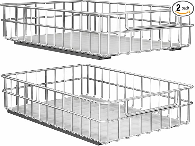 Pull out Cabinet Organizer, Stainless Steel 2-Pack (13.8"W x 21"D) Full-Extension Slide out Drawer, Adhesive Roll out Can Spice Storage Basket Shelf Rack for Pantry, Kitchen, Bathroom, Home Closet