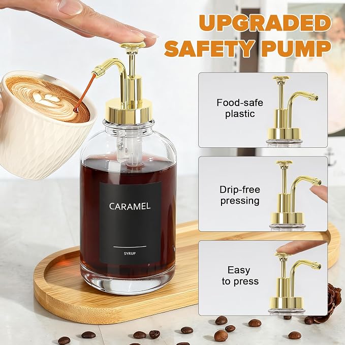 Coffee Syrup Dispenser,Syrup Dispenser for Coffee Bar，Syrup Bottles with Pump，16.9 Fl Oz Glass Honey Bottle for Coffee Bar，3 Pack，Gold