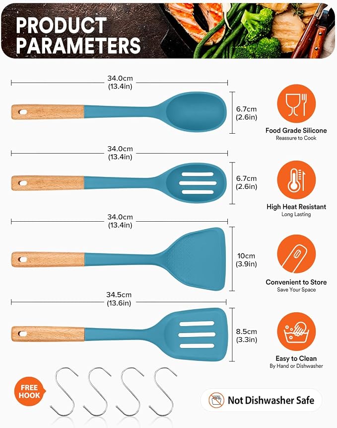 Silicone Cooking Utensils Set, Safe for Nonstick Cookwares, Blue | Perfectly Angled for Frying, Mixing,Serving,Draining,Turning and Stirring, BPA-Free Matte Silicone, Wood Handles,4 Pack