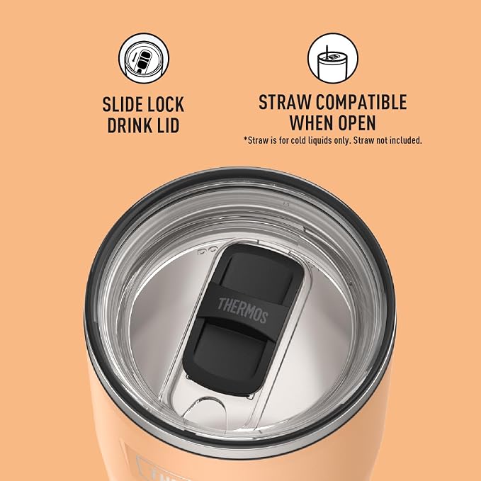 THERMOS Icon Series 24oz Stainless Steel Tumbler with Slide Lock Lid, Leakproof, Fits Cupholder, Dishwasher Safe, Griptec™ Non‑Slip Base, Keeps Drinks Hot 6 Hrs/Cold 22 Hrs, Melon
