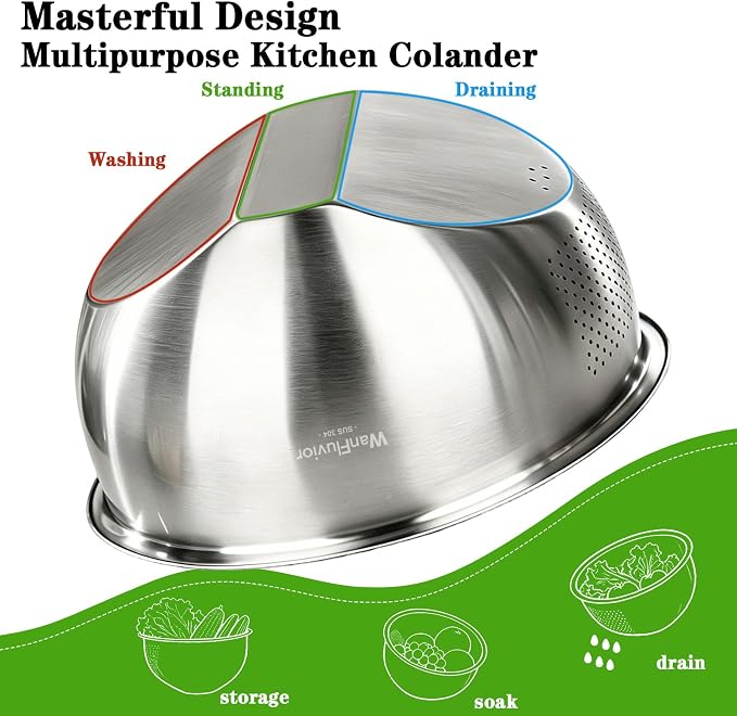 Rice Washer Strainer Bowl, 4 QT Stainless Steel Colander with Side Drainer | Colander For Kitchen | 2 mm Fine Mesh | Drains Fast | Dishwasher Safe | Washing Rice, Vegetables, Fruits, Pasta