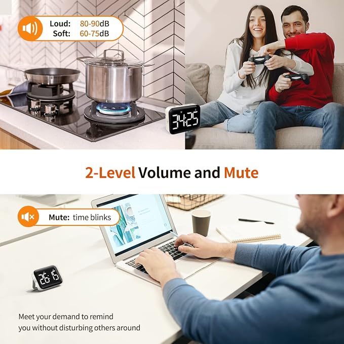 Magnetic Kitchen Timer for Cooking with Count Up Countdown, Digital Timer Battery Powered with Large Display, 2 Brightness and Volume Levels for Classroom, Teacher, Kids