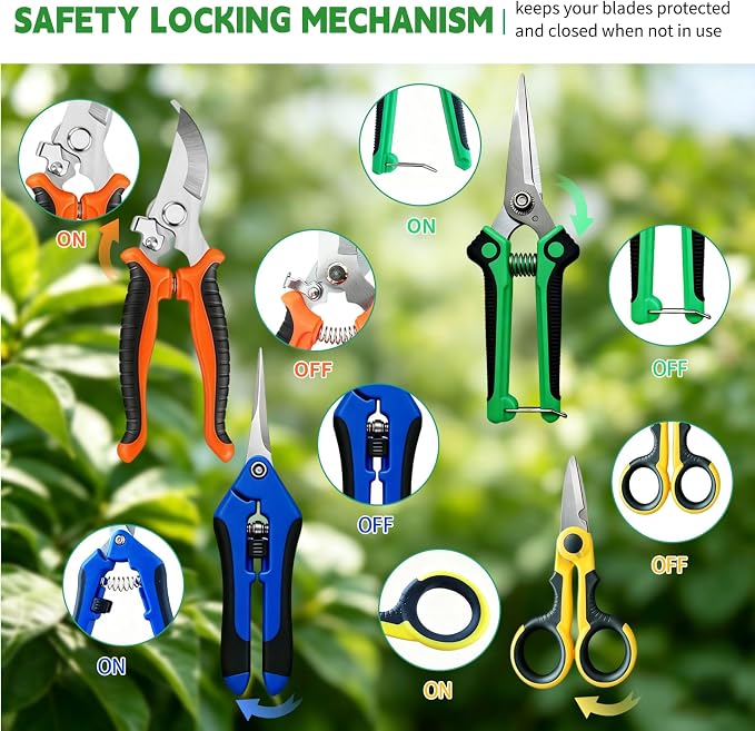 HoMaNa 4 Pack Garden Shears Pruning Set, Stainless Steel Multi-Blade | Sharp stainless steel blades with safety lock, spring ergonomic grips reduce hand strain, for flowers, bonsai garden