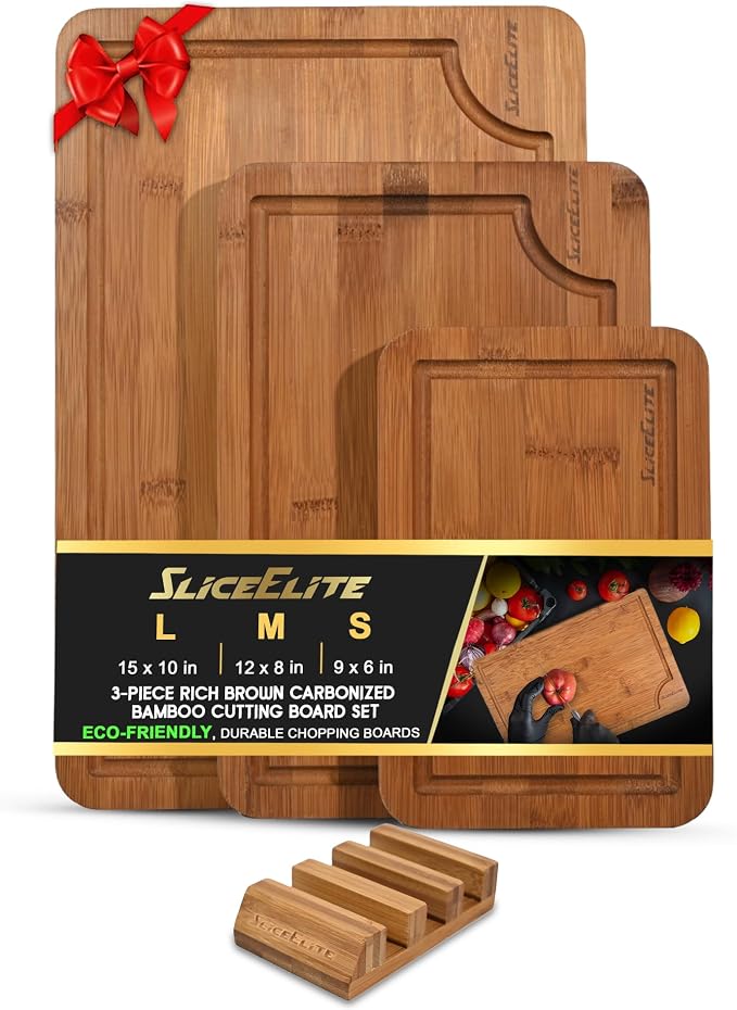 SliceElite Rich Brown Carbonized Bamboo Cutting Board Set 3 Piece Kitchen Boards with Deep Juice Groove Non Slip Silicone Feet Space Saving Rack Stand for Chopping Serving Meal Prep and Charcuterie