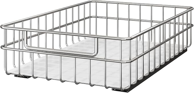 Pull out Cabinet Organizer, Stainless Steel 1-Pack (9.8"W x 16.5"D) Full-Extension Slide out Drawer, Adhesive Roll out Can Spice Storage Basket Shelf Rack for Pantry, Kitchen, Bathroom, Home Closet