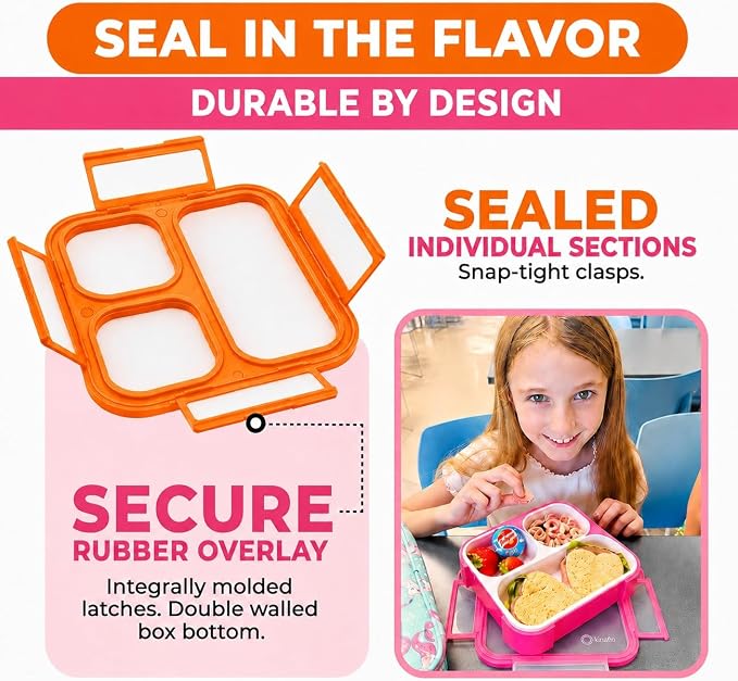 kinsho Bento Box for Kids, Toddler Lunch Boxes Snack Container for Small Boys Girls School Daycare, Leakproof 3 Compartments, Adult Portion Control Snacks, BPA Free. Medium Orange Pink 2 Pack