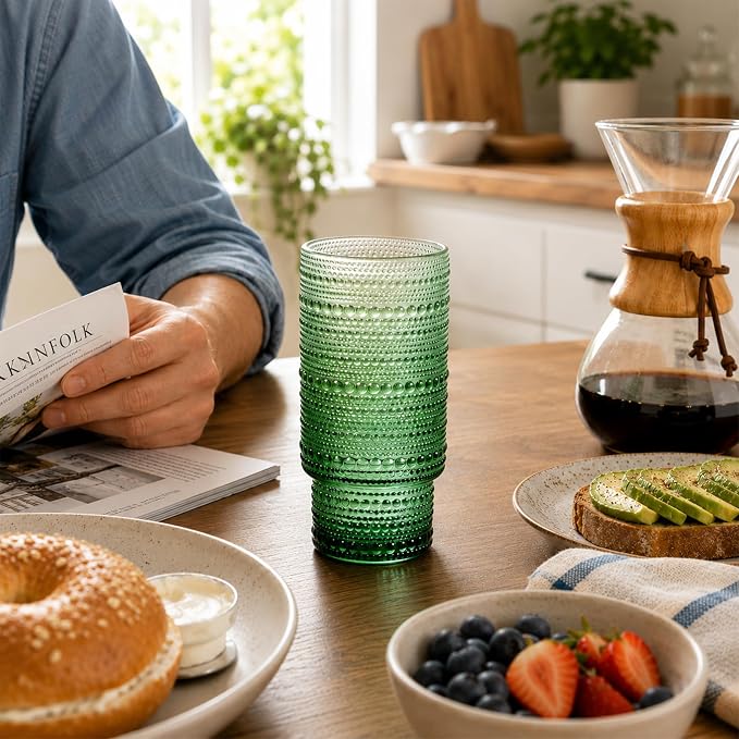 Large Capacity 16 oz Hobnail Drinking Glasses Set of 12, Vintage Glassware Drinking Glasses, Gradual Green Water Glasses Tumbler, Cups for Kitchen, Juice, Beer, Cocktail